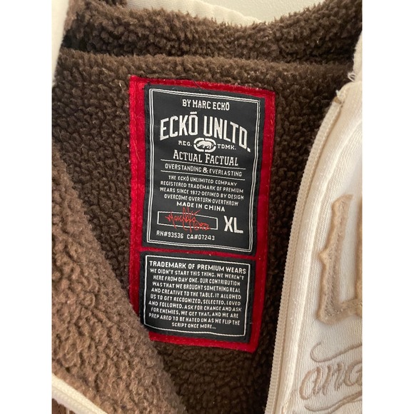 Vintage Ecko Unltd Mens XL Sherpa Lined Zip Up Hoodie Cream Rhino Graphic Y2K - Picture 3 of 6